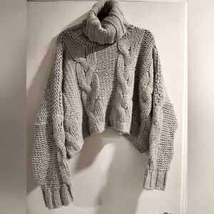 Gray Oversized, Cropped, Chunky Sweater with Cowlneck & Drop Shoulder. Size S